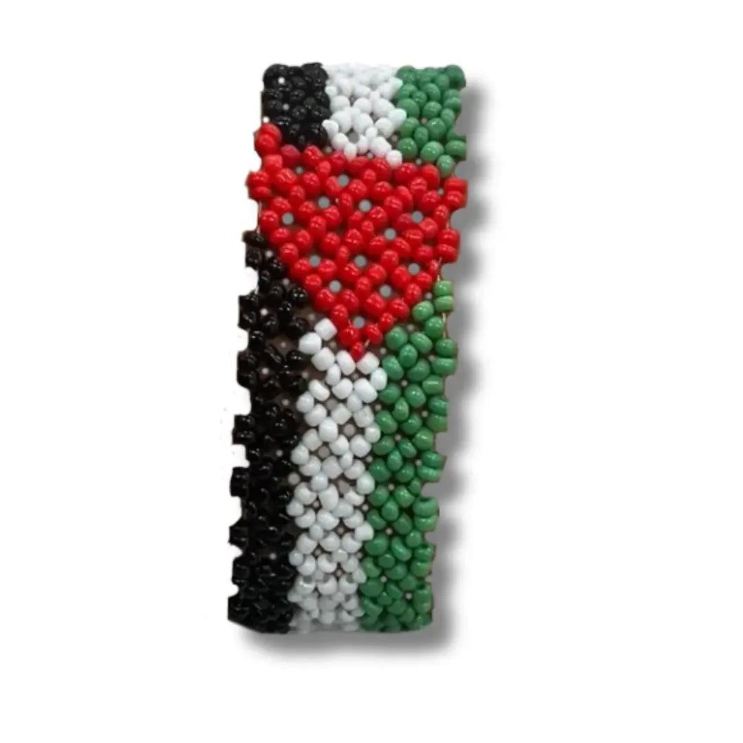 Palestinian flag beaded jewelry bracelet with red heart design in black white and green beads