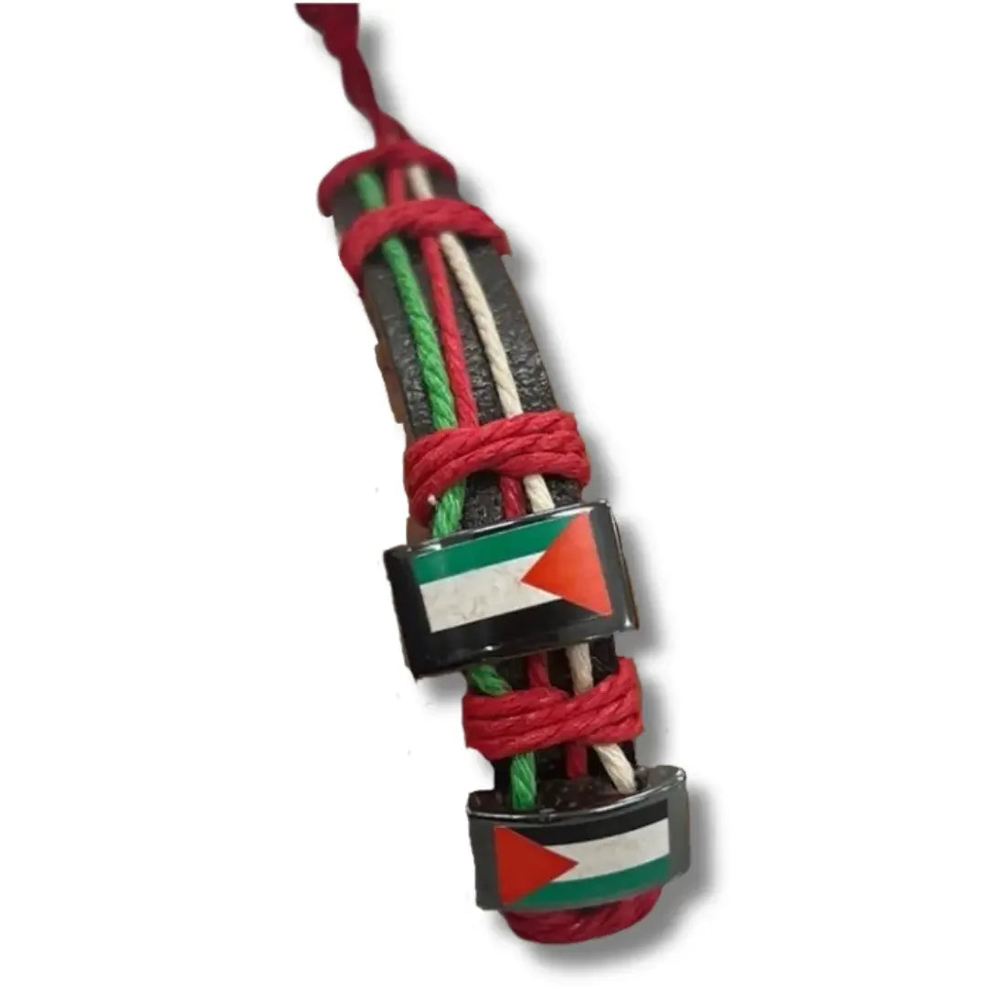 Palestinian flag beaded jewelry wristband with red, green, white, and black woven cords