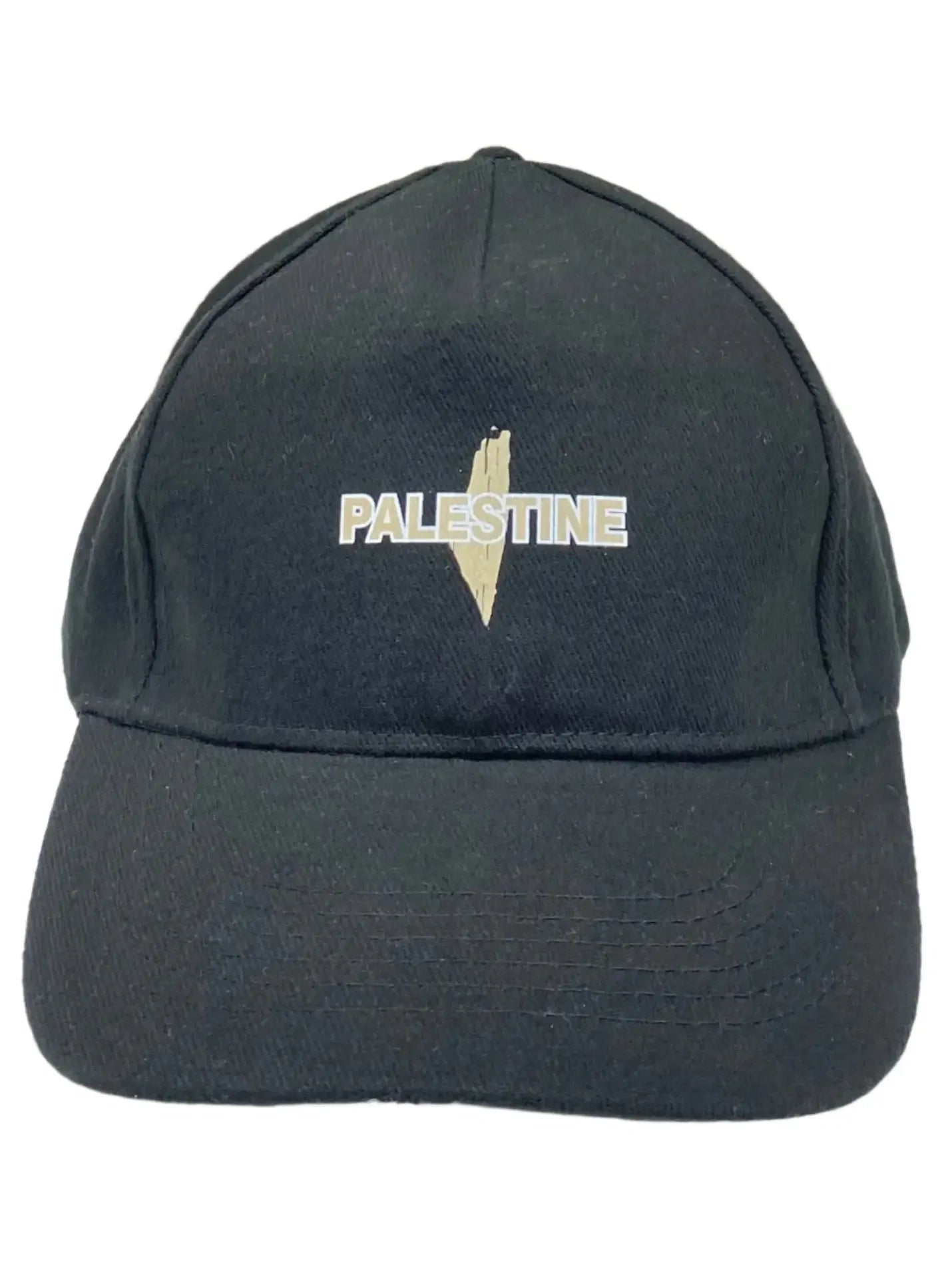 Black Palestinian flag cap with beige Palestine map and text embroidered on front from Palestinian Elegance