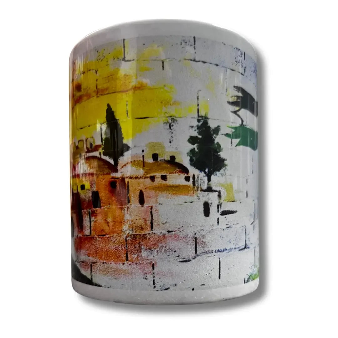 Palestinian flag coffee mug by Palestinian Elegance featuring a colorful stone wall and tree design