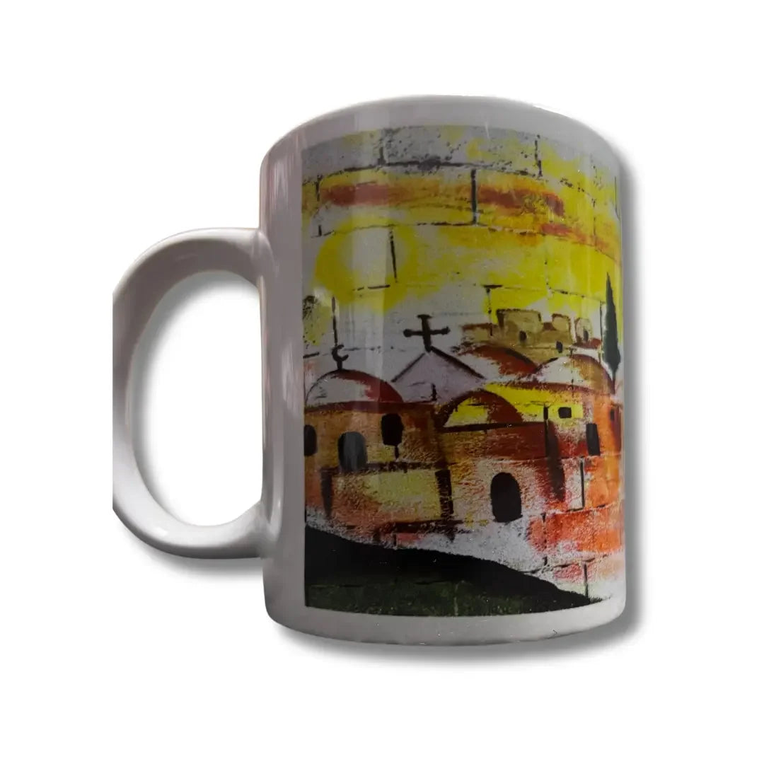 Palestinian flag coffee mug featuring colorful artistic design of buildings and crosses