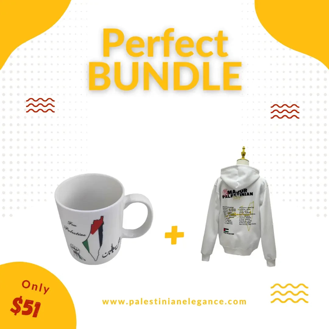 Heritage Pride Bundle: Map of Palestine Cup & Villages Hoodie Palestinian Elegance