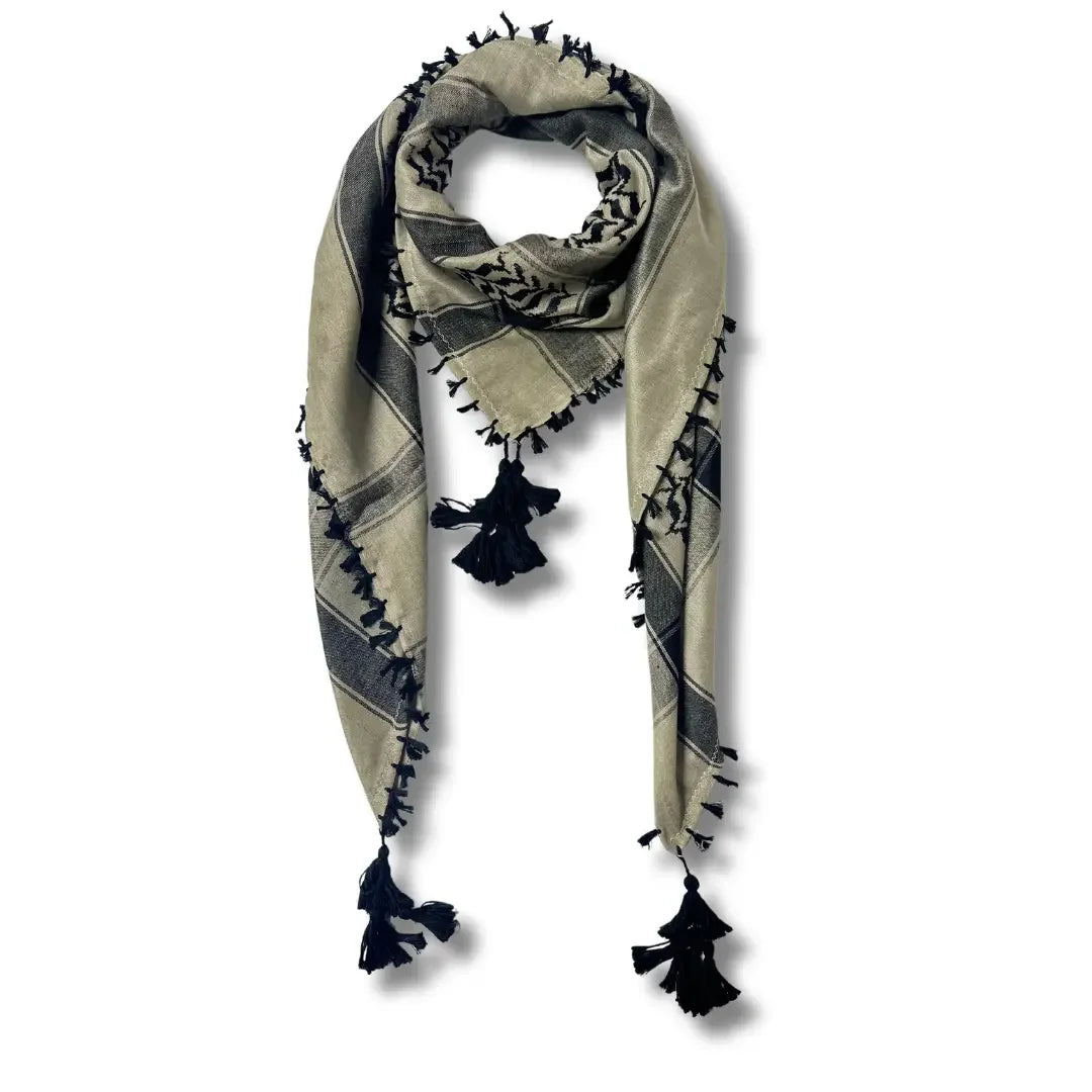 Beige and black Palestinian kuffiyeh scarf with tassels from Palestinian Elegance accessories collection
