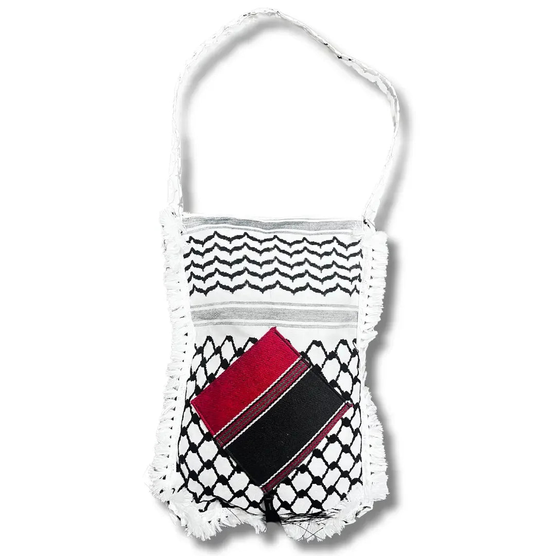 Palestinian kuffiyeh tote bag with traditional black and white pattern and red accent by Palestinian Elegance