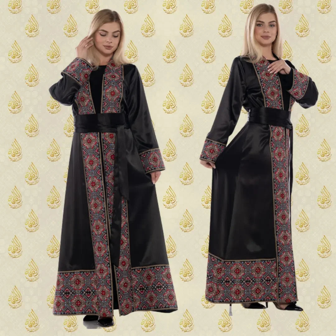 Palestinian Elegance luxury satin open abaya in black with intricate red embroidery on sleeves and hem