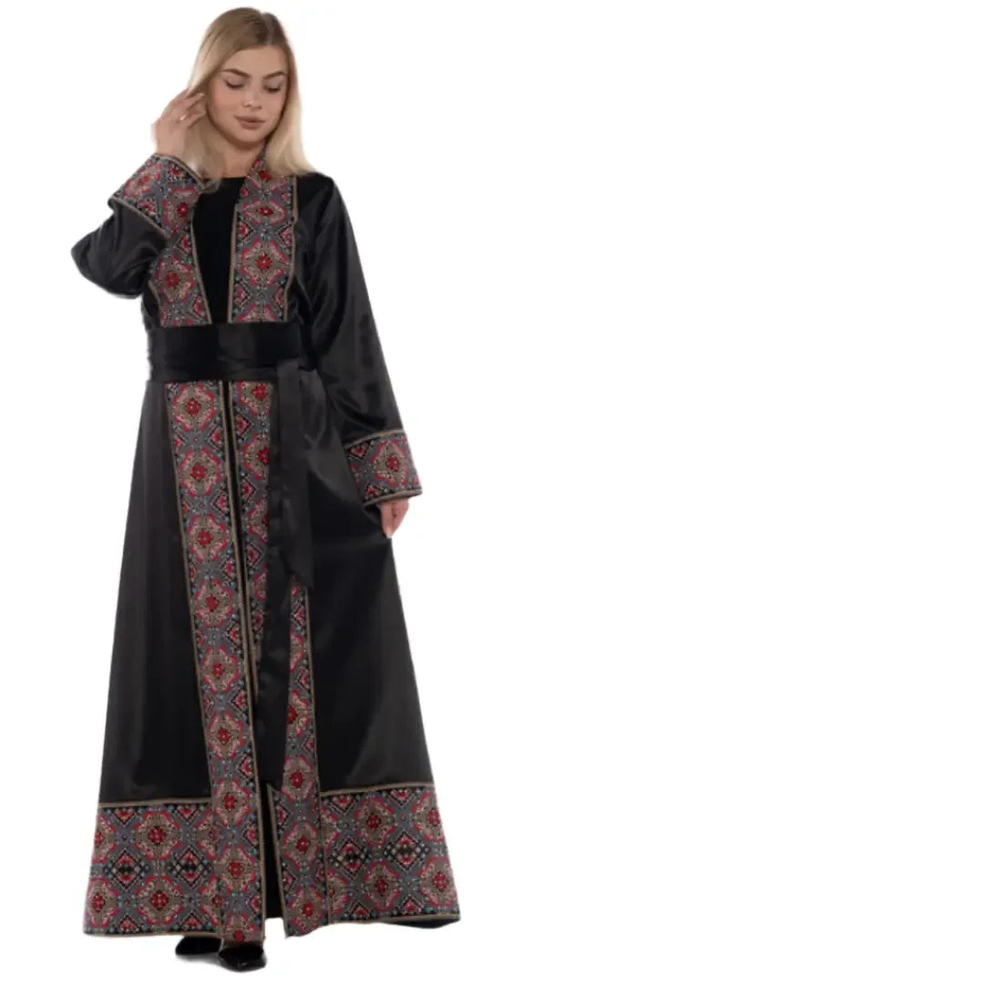 Palestinian Elegance luxury satin open abaya with intricate embroidery and a matching belt in black