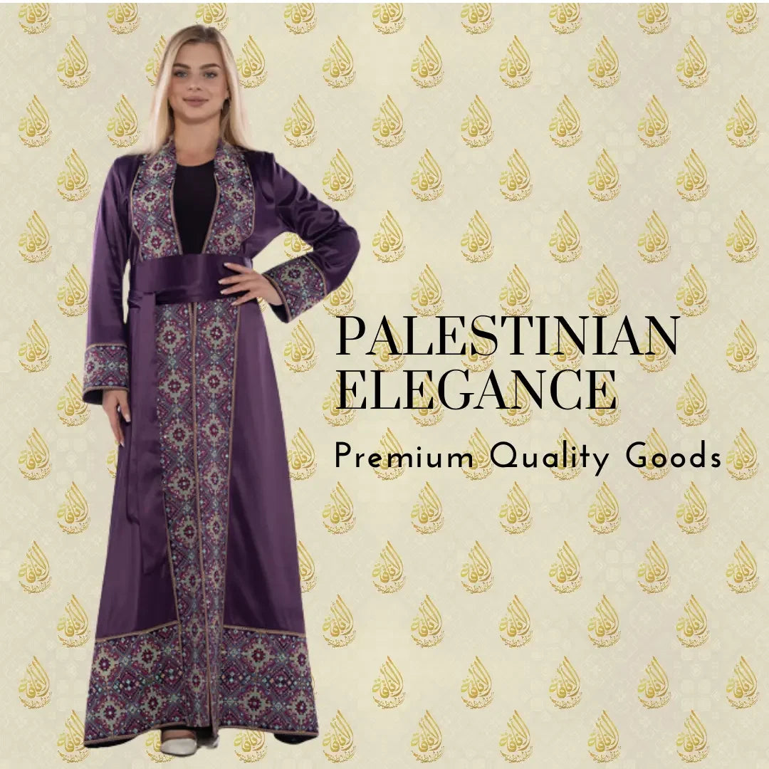 Palestinian Elegance luxury satin open abaya in purple with intricate embroidery and wide belt