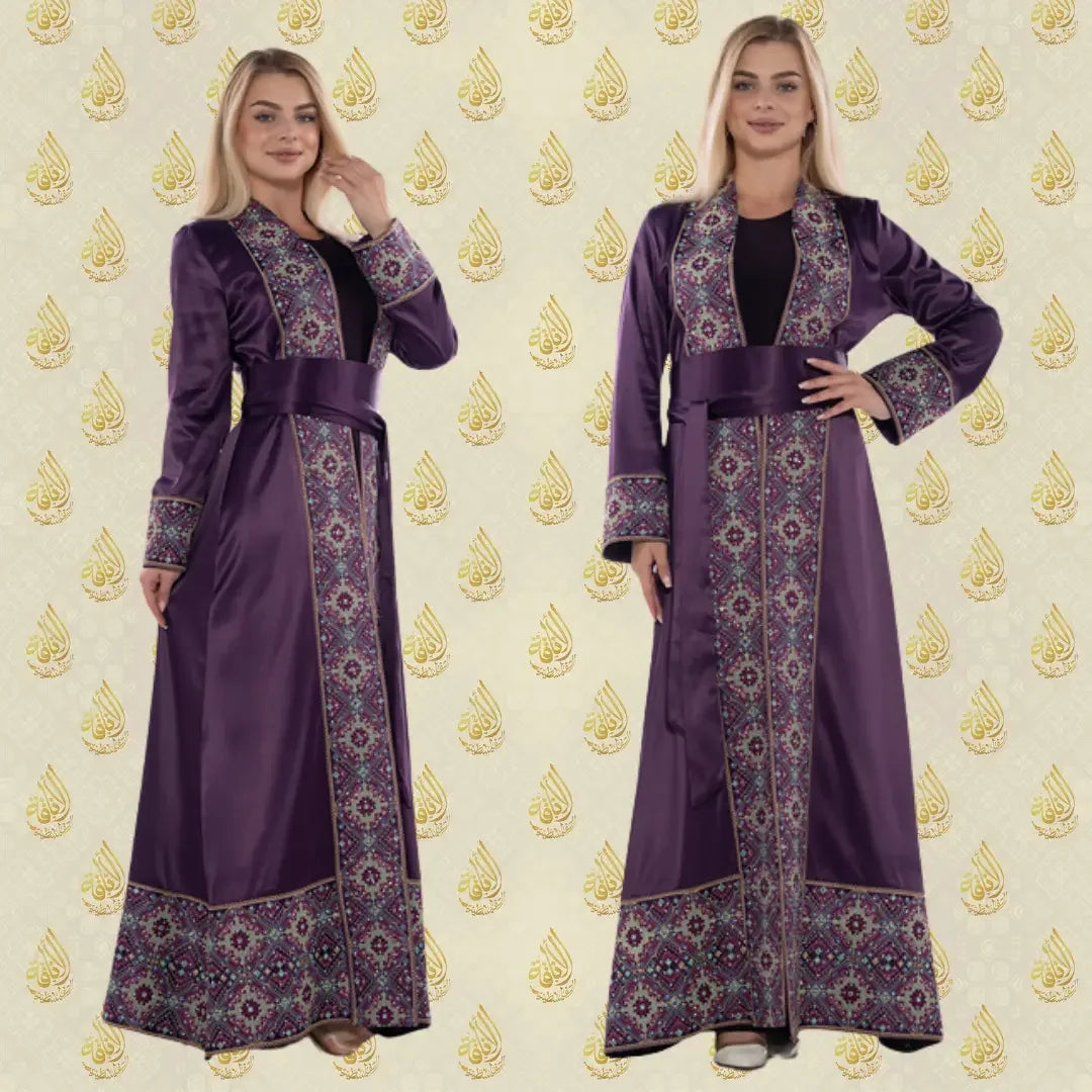 Luxury satin open abaya in deep purple with intricate embroidered patterns and wide belt by Palestinian Elegance