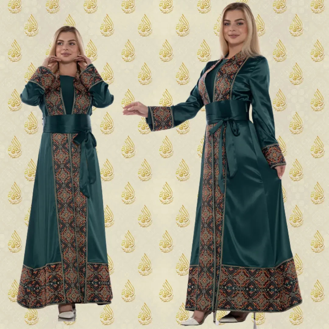 Palestinian Elegance luxury satin open abaya with intricate embroidery and matching belt in rich dark green