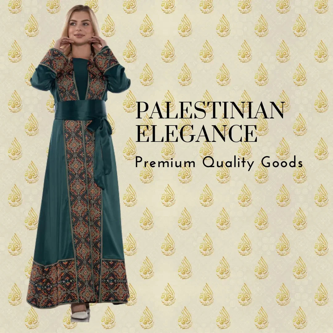 Palestinian Elegance luxury satin open abaya with intricate embroidery and waist belt