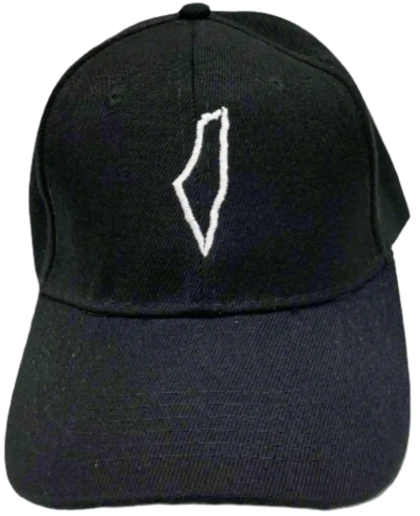 Black Palestinian map hat with white embroidered outline of Palestine from Palestinian Elegance