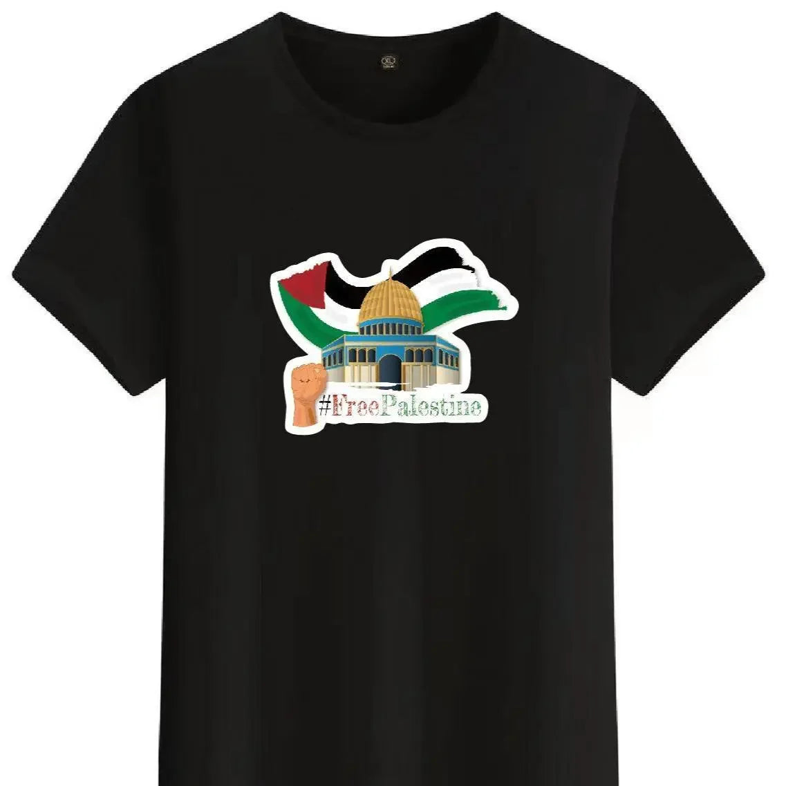 Black Palestinian pride shirt with Dome of the Rock and raised fist graphic by Palestinian Elegance