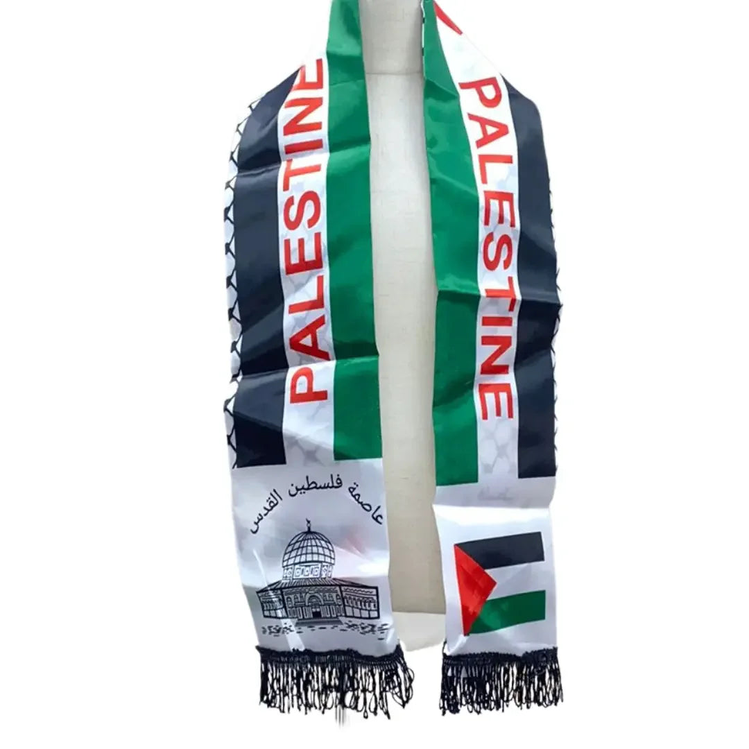 Palestinian silk scarf with green white black stripes red Palestine text and Dome of the Rock design