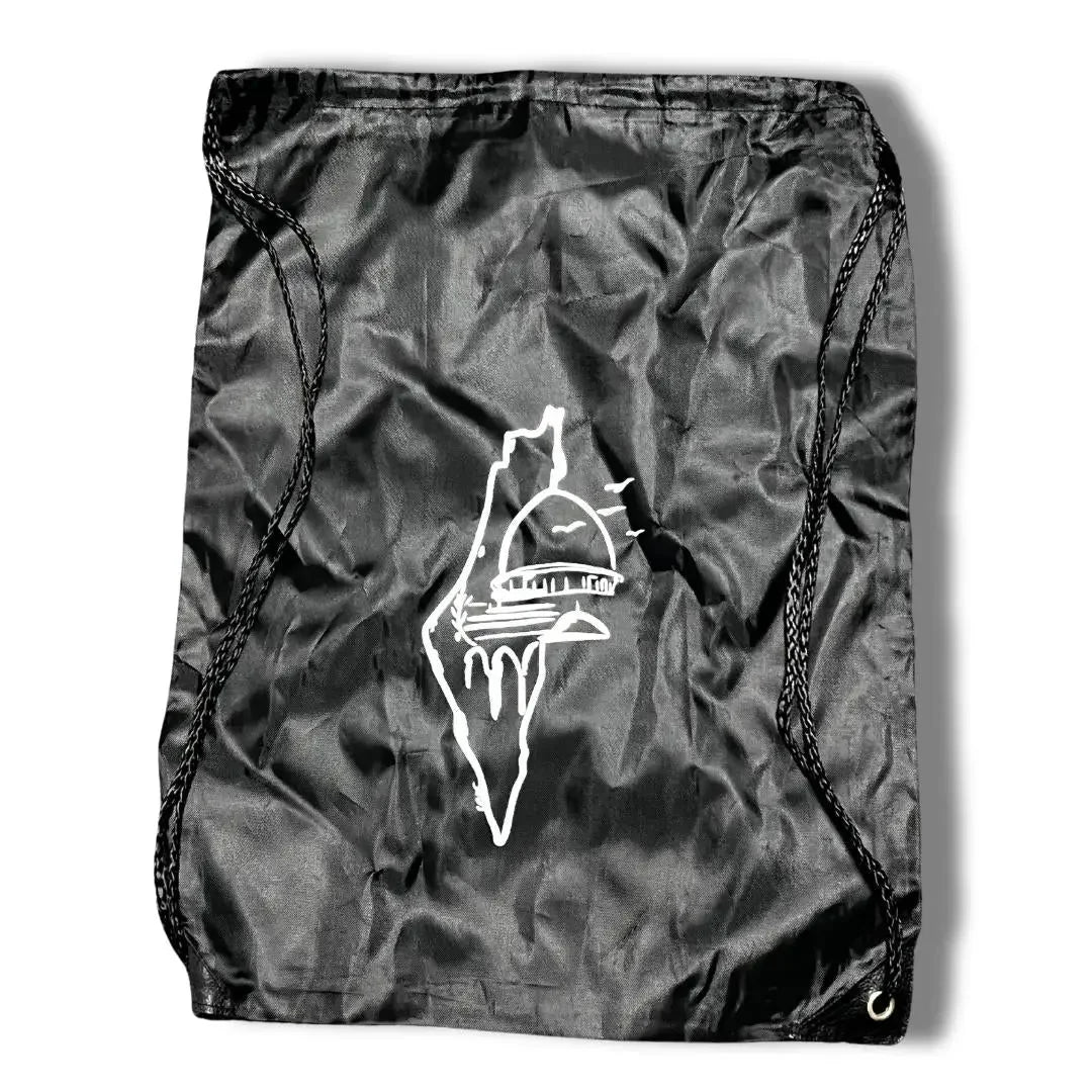 Black Palestinian strap bag with white outline design of Dome of the Rock and map of Palestine
