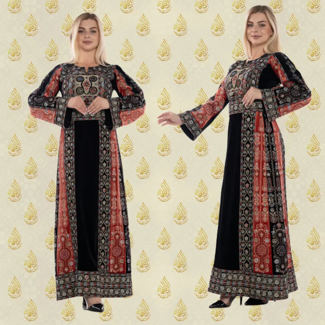 Palestinian thobe dress embroidered with traditional red and black patterns by Palestinian Elegance