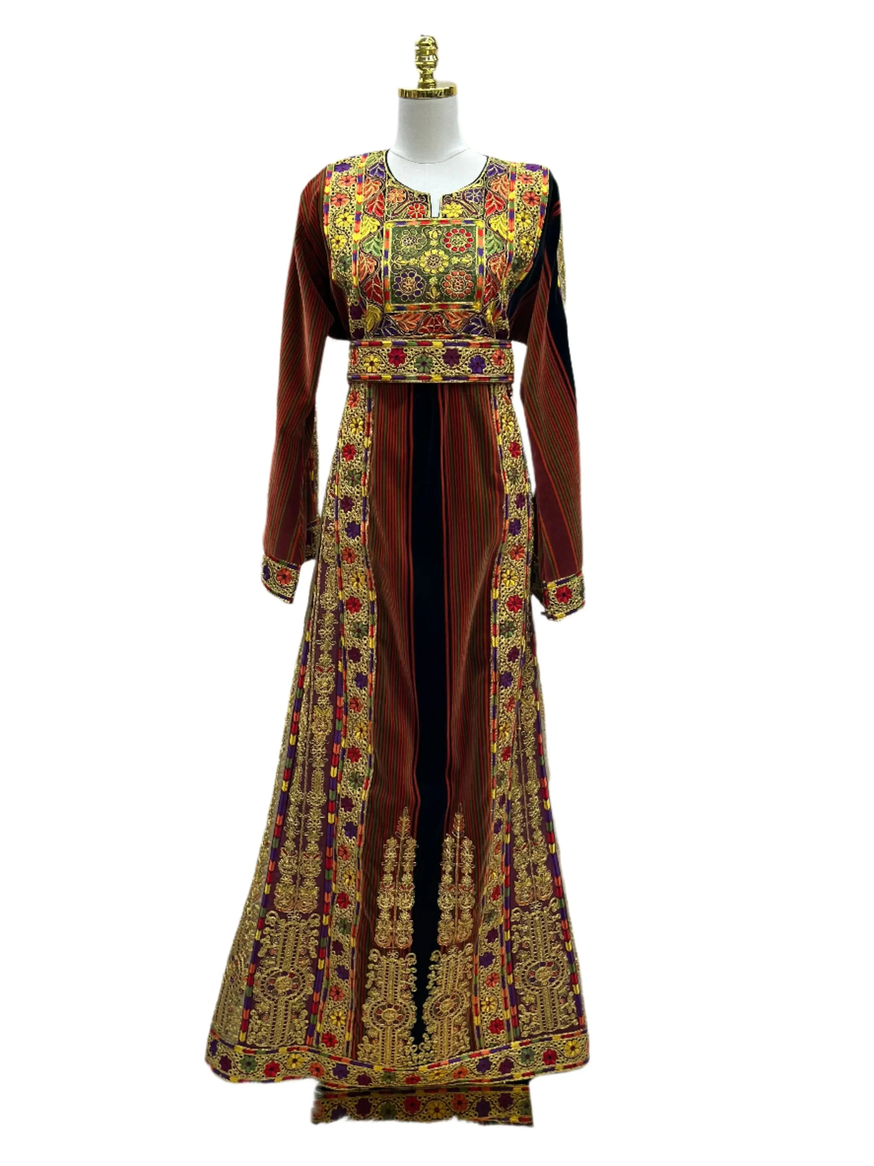 Palestinian Elegance embroidered Palestinian thoub dress with intricate gold and colorful floral patterns