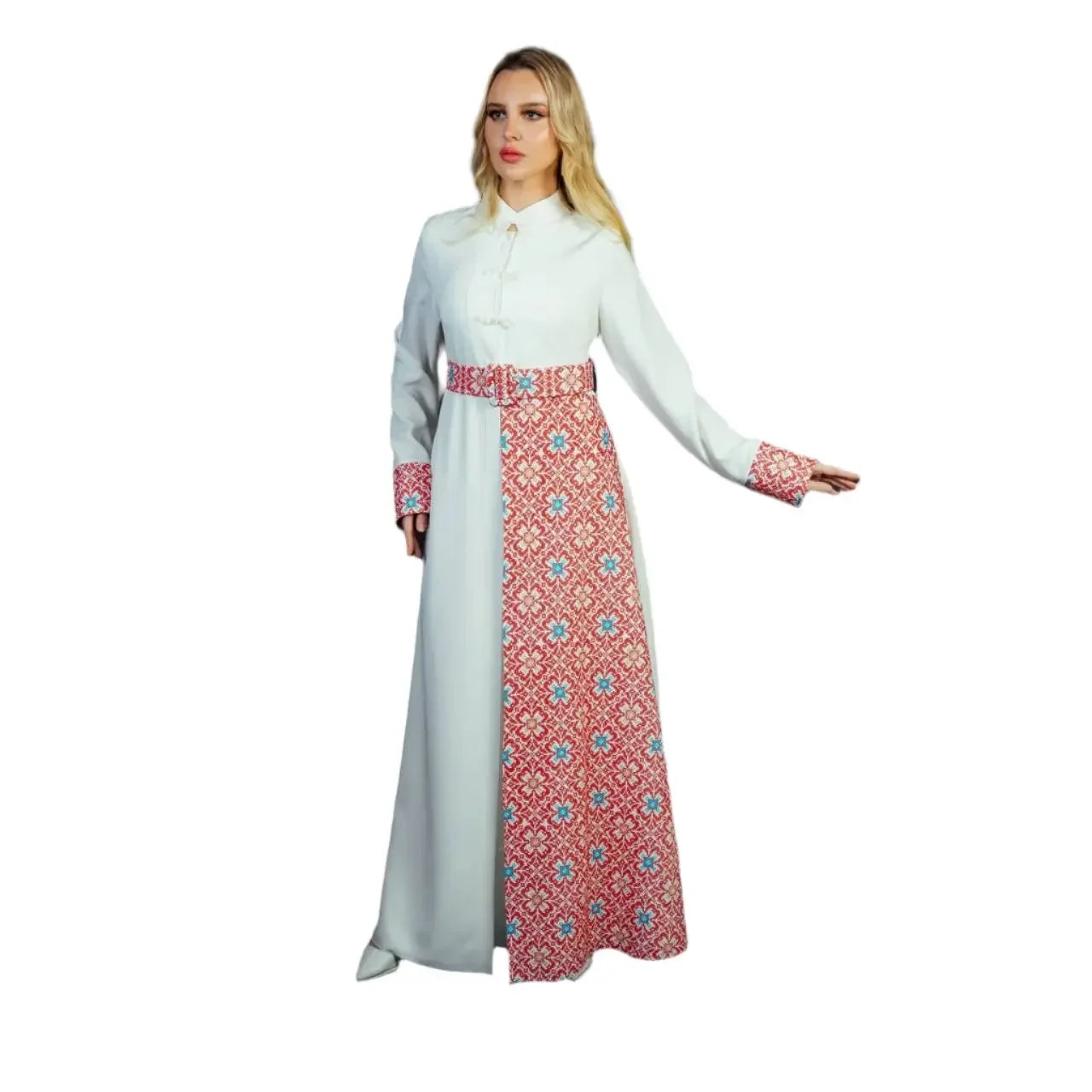 Long white and red embroidered Palestinian dress with floral patterns and matching belt by Palestinian Elegance