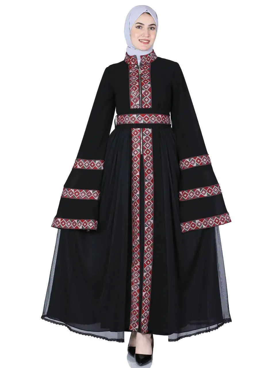 Palestinian Elegance black luxury embroidered kaftan dress with red and white geometric patterns