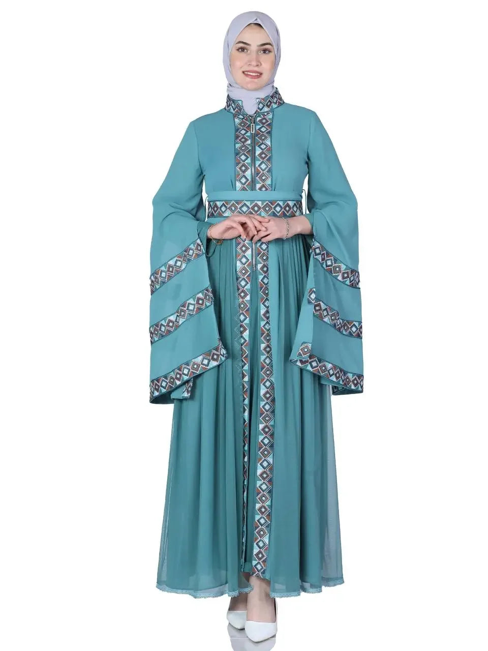 Palestinian Elegance luxury embroidered kaftan dress in teal with geometric embroidery and wide sleeves