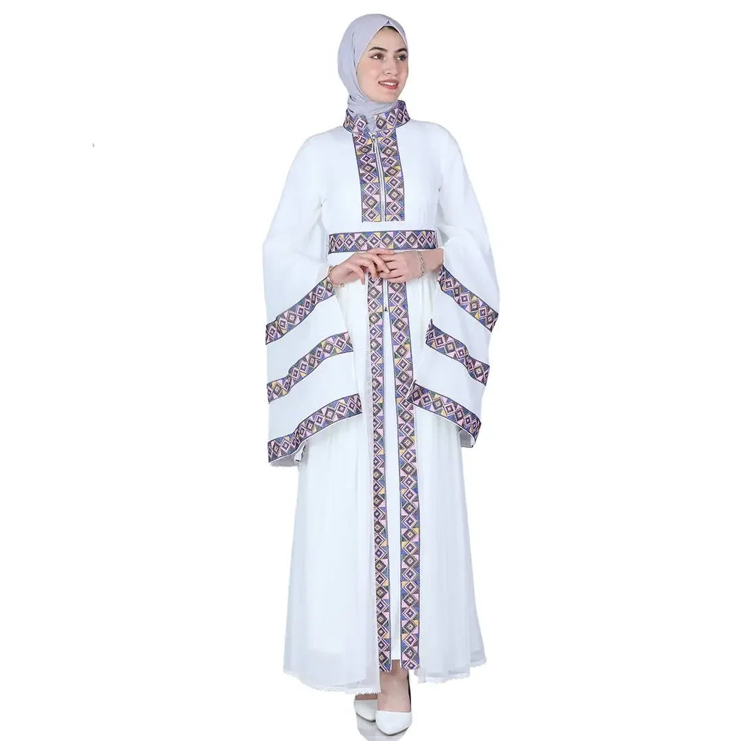 Palestinian Elegance luxury embroidered kaftan dress in white with geometric pattern accents