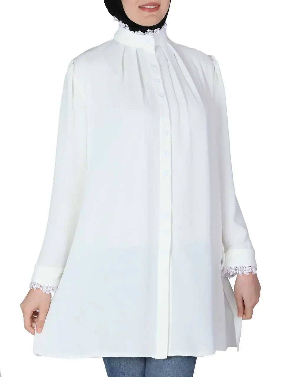 Palestinian Elegance modest button up shirt for women in white with long sleeves and ruffle collar