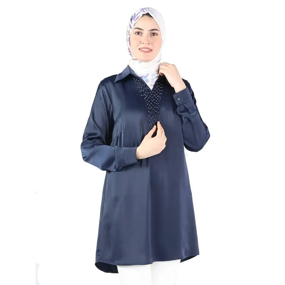 Palestinian Elegance satin pearl shirt for women in navy blue with long sleeves and pearl detailing