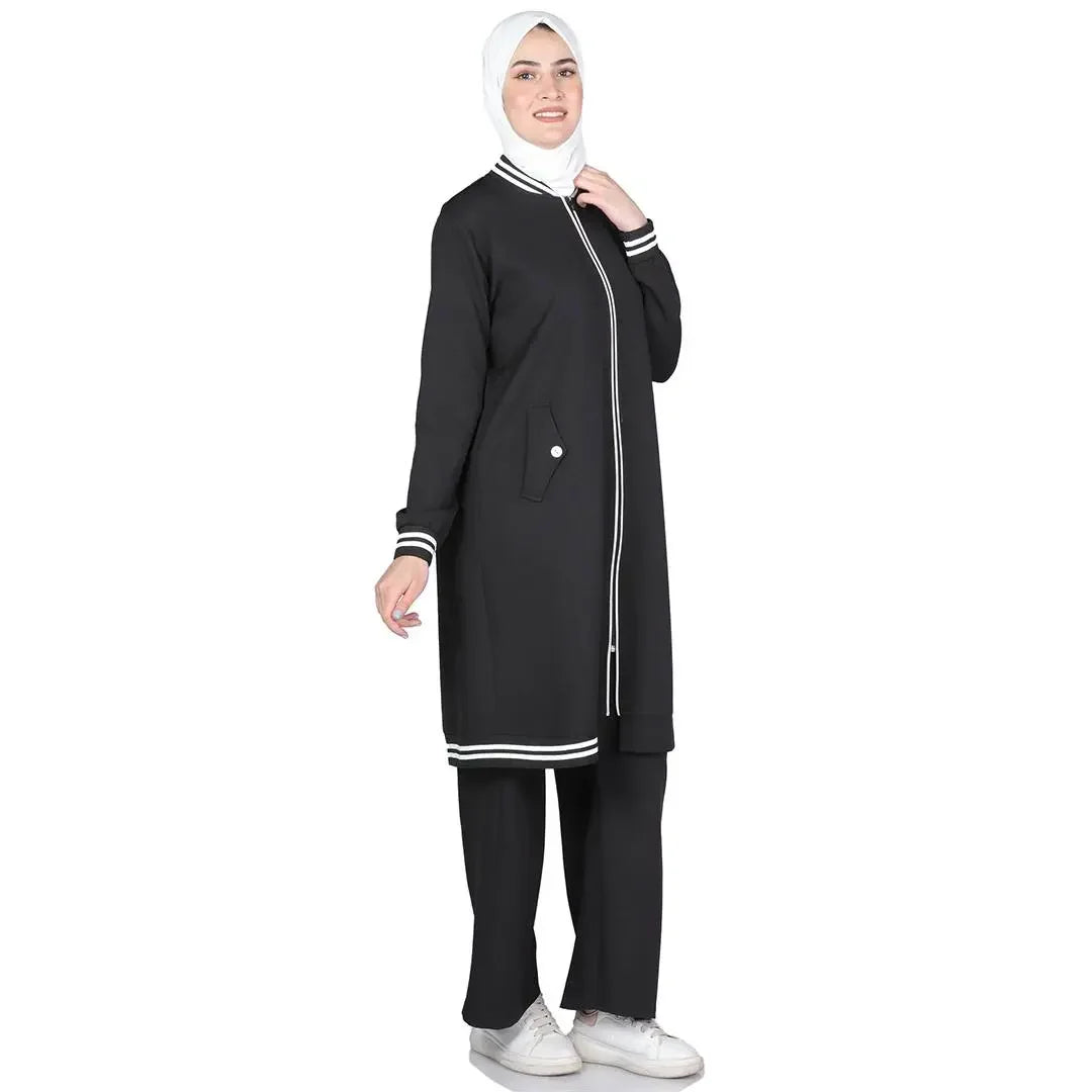 Palestinian Elegance modest light tracking suit in black with white trim, long jacket and pants