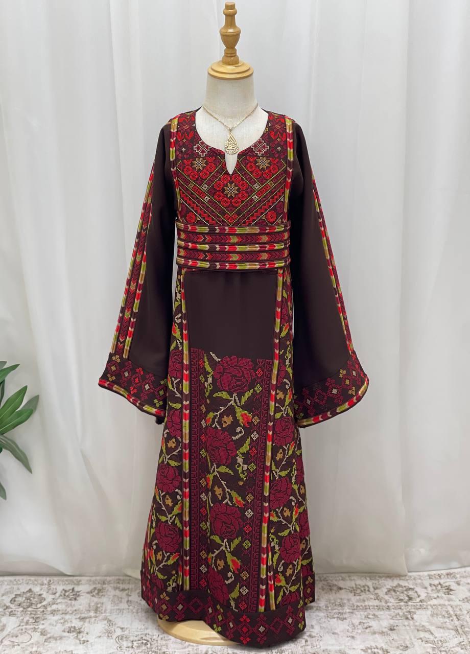 Girls’ Brown Embroidered Palestinian Thobe - Palestinian Elegance