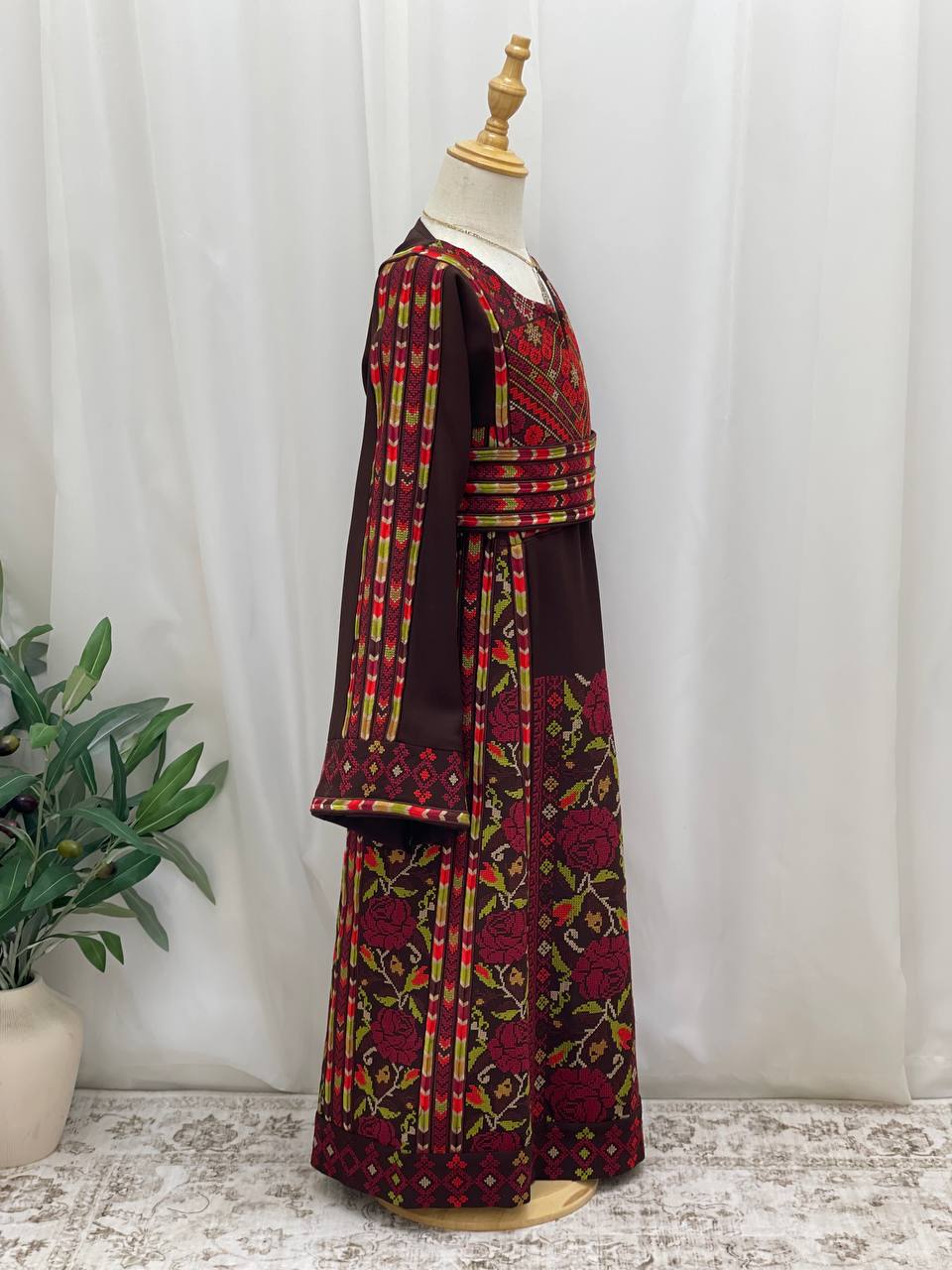 Girls’ Brown Embroidered Palestinian Thobe - Palestinian Elegance
