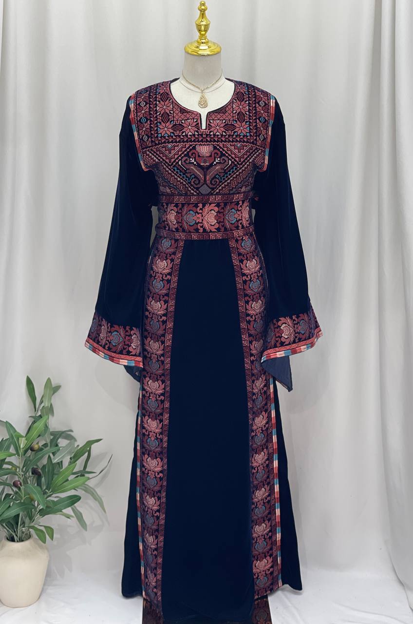 Palestine Embroidered Navy Velvet Thobe
