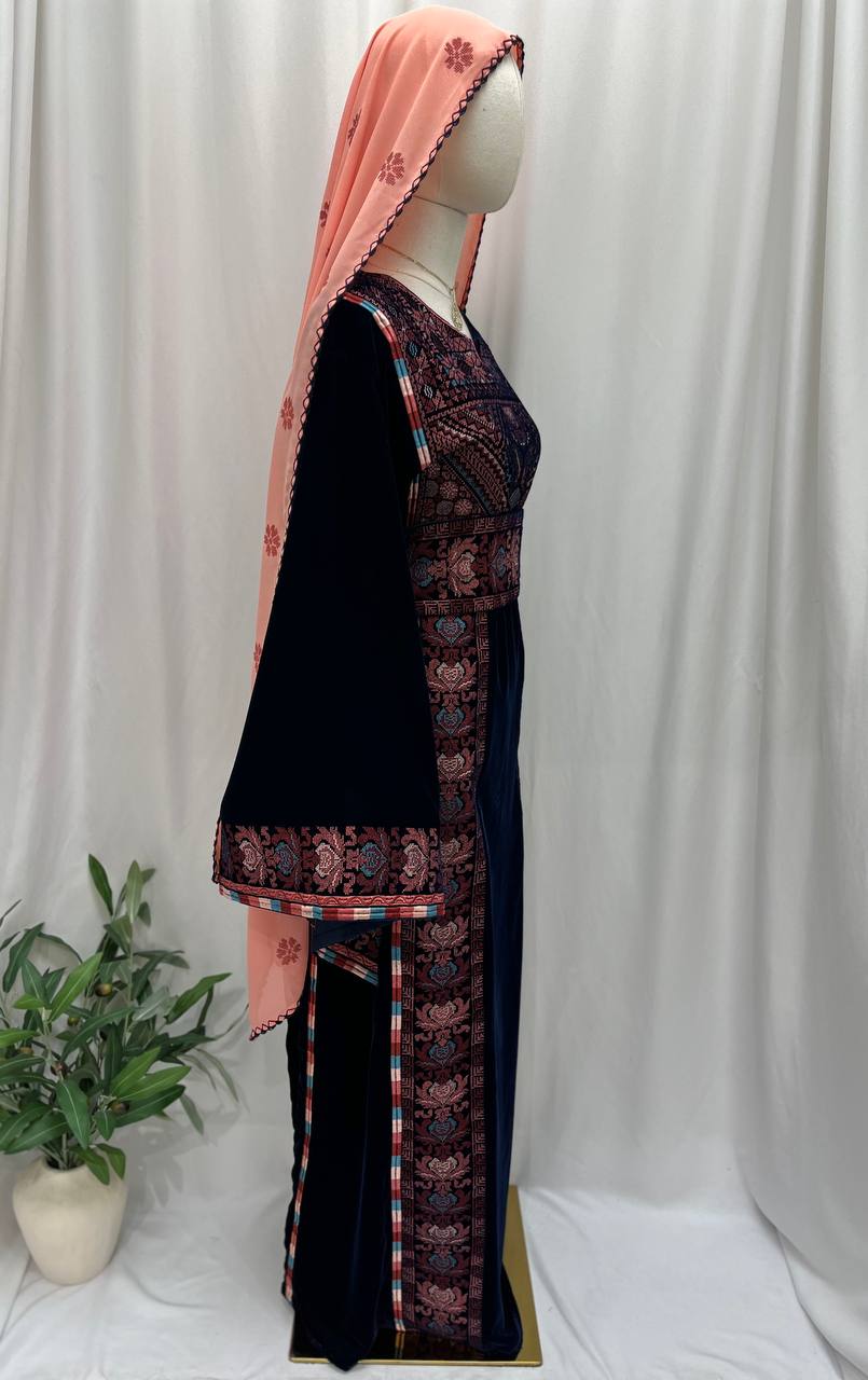 Palestine Embroidered Navy Velvet Thobe