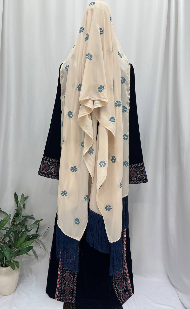 Palestine Royal Cream Embroidered Fringe Shawl/Khirka