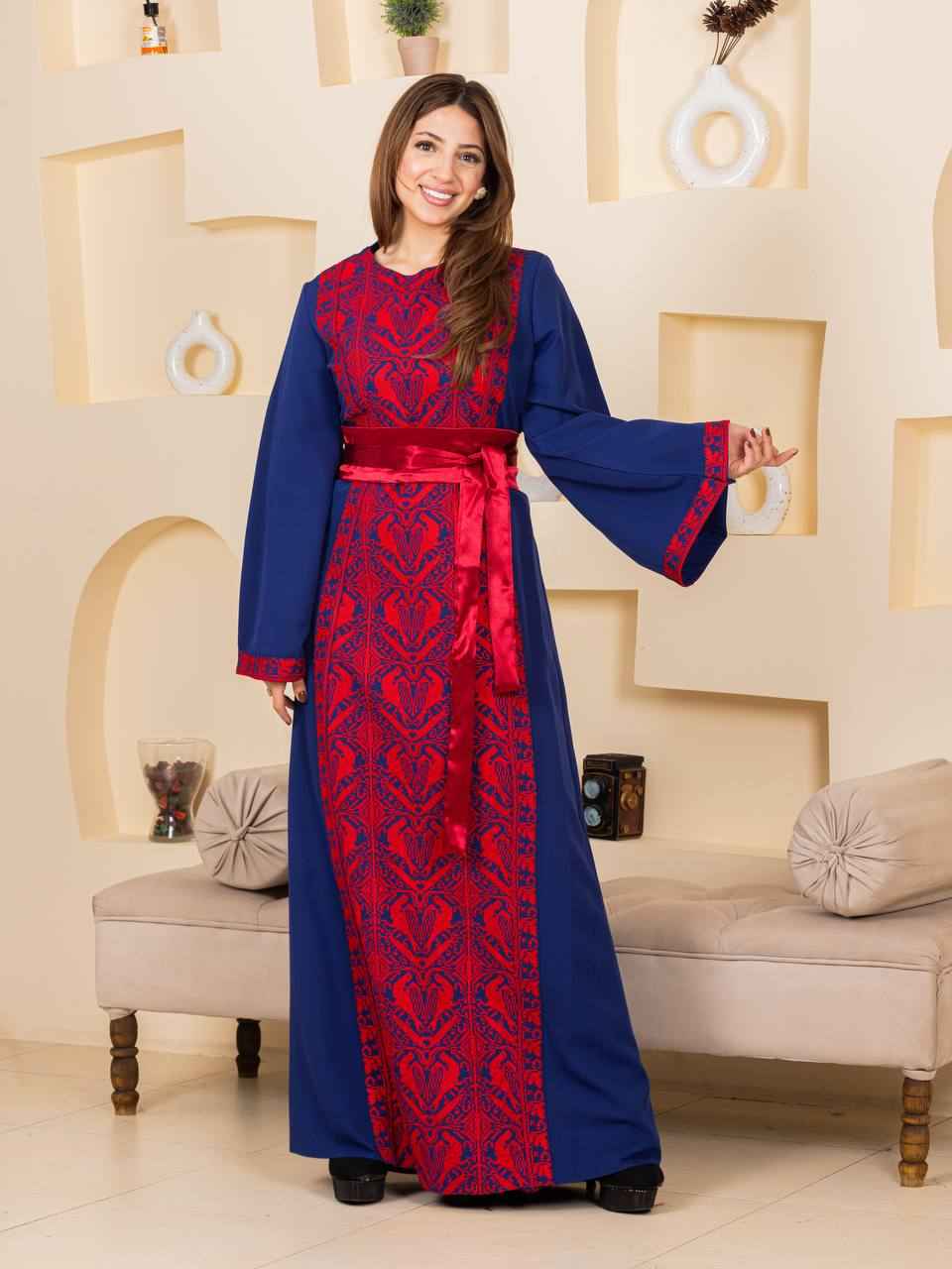 Heritage Elegance Embroidered Maxi Thobe with Satin Belt