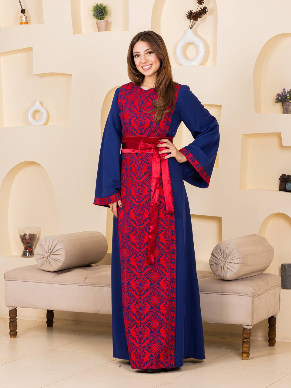 Heritage Elegance Embroidered Maxi Thobe with Satin Belt