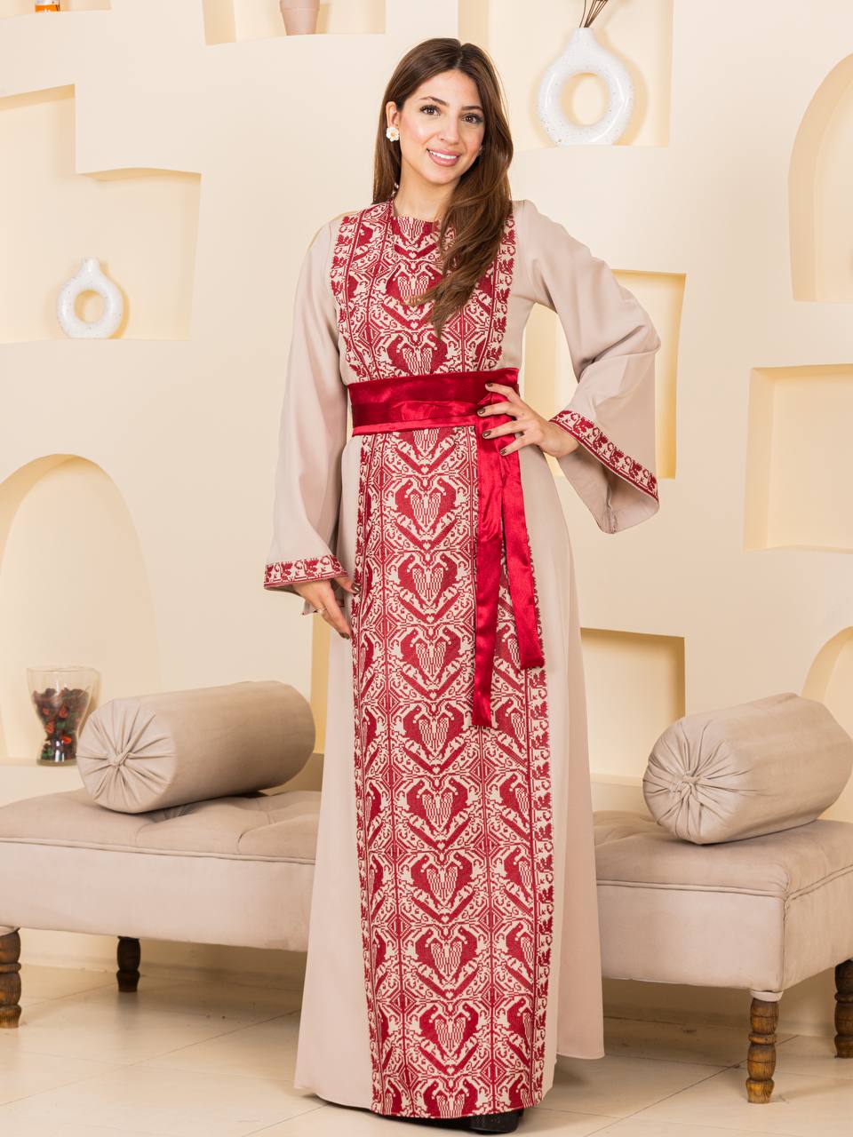 Heritage Elegance Embroidered Maxi Thobe with Satin Belt