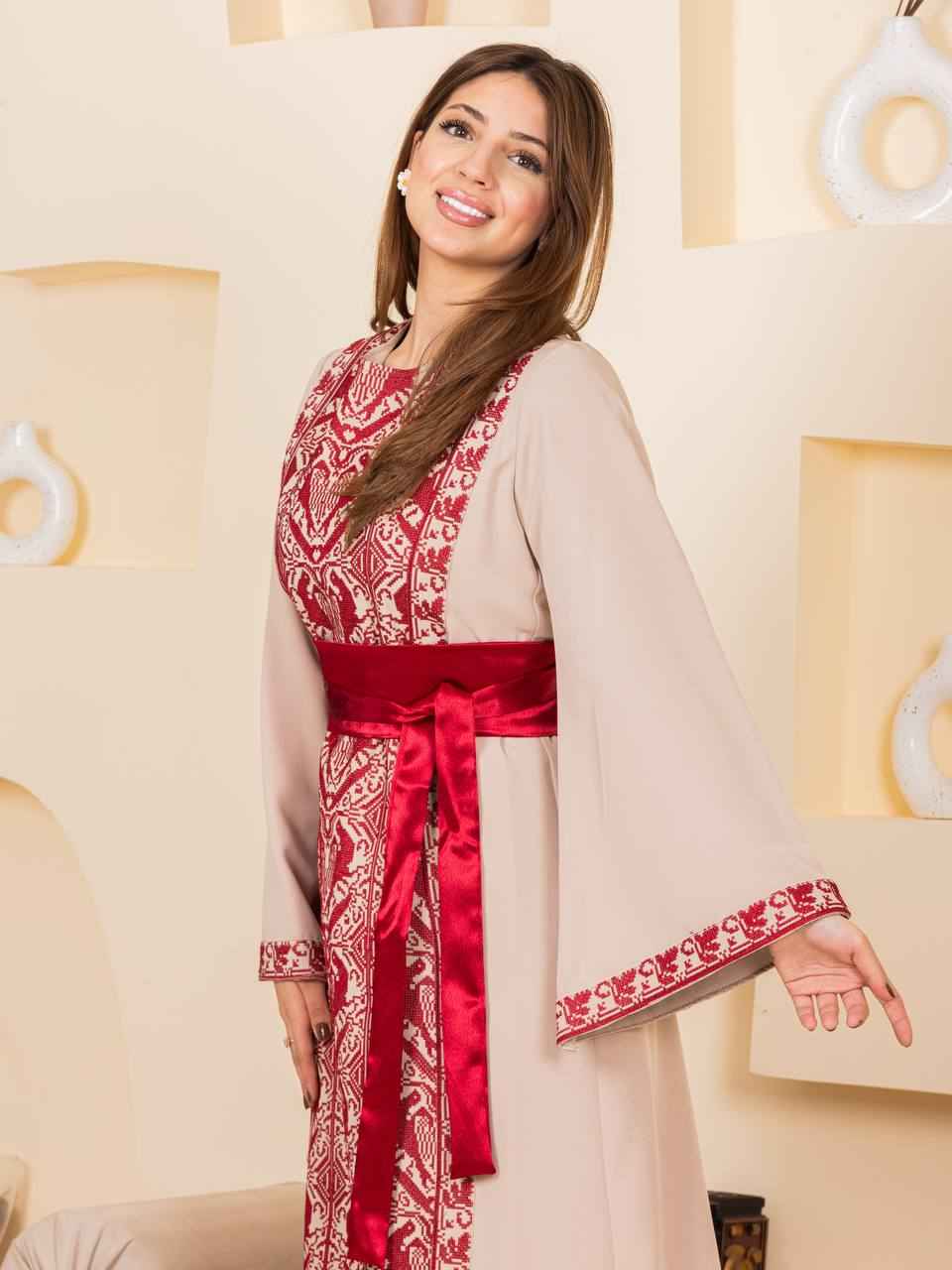 Heritage Elegance Embroidered Maxi Thobe with Satin Belt