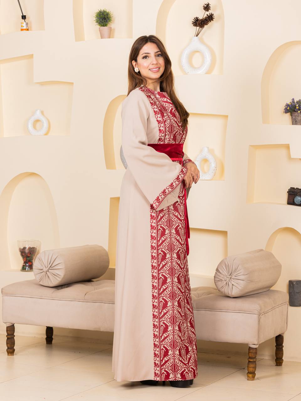 Heritage Elegance Embroidered Maxi Thobe with Satin Belt