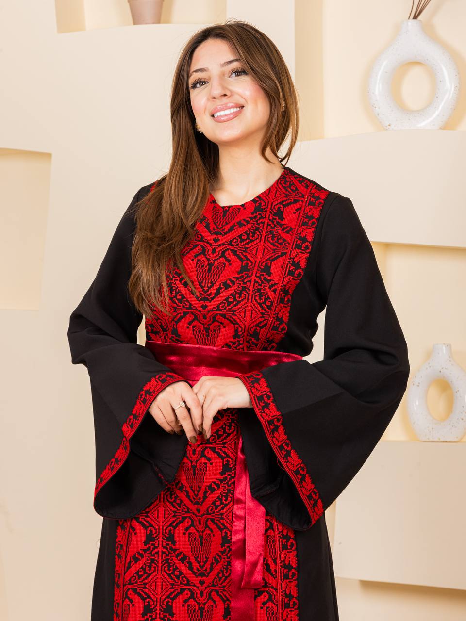 Heritage Elegance Embroidered Maxi Thobe with Satin Belt