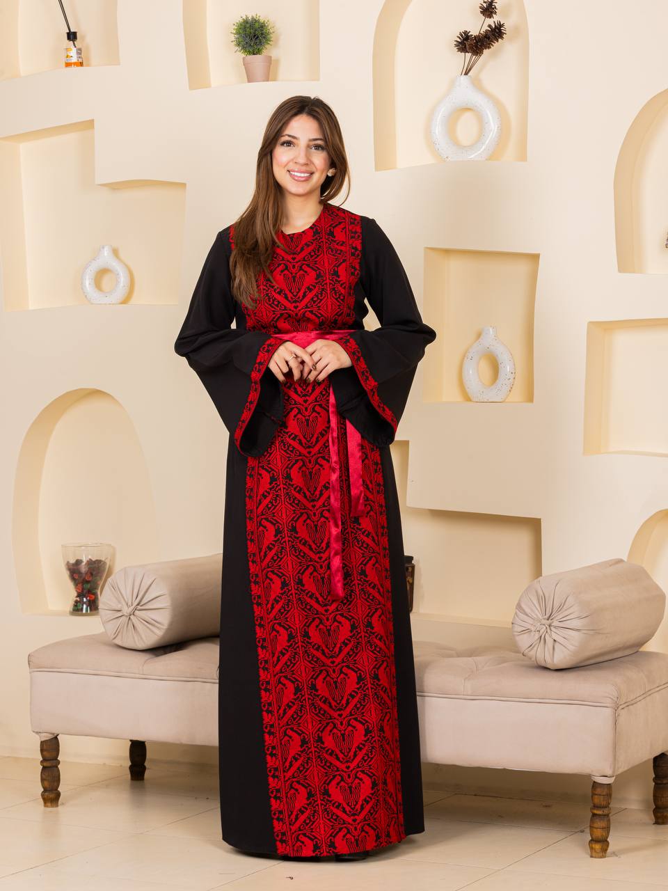 Heritage Elegance Embroidered Maxi Thobe with Satin Belt