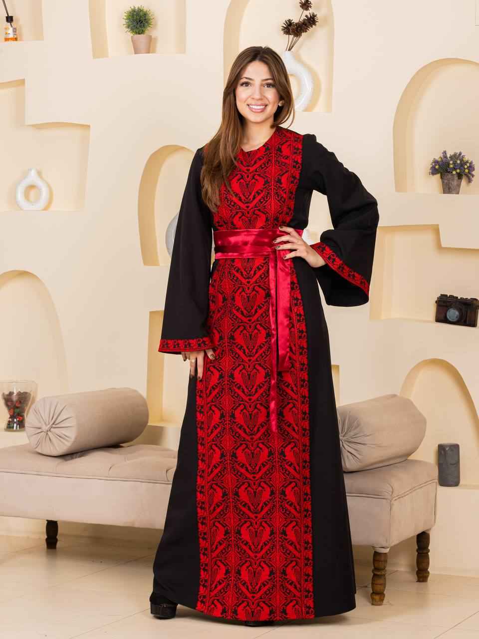 Heritage Elegance Embroidered Maxi Thobe with Satin Belt