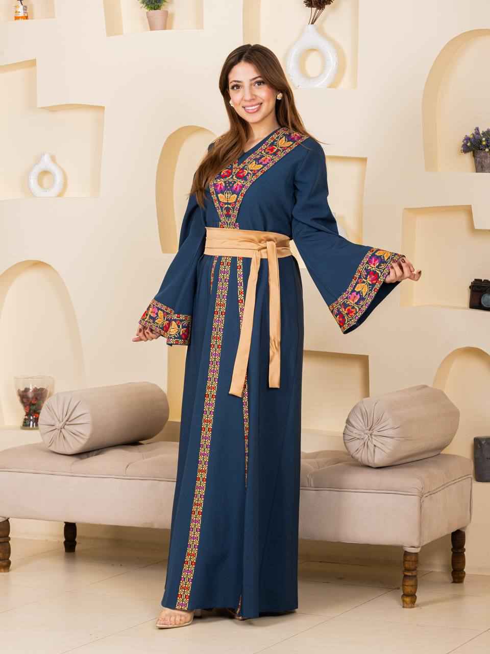 Embroidered Thobe with Satin Belt