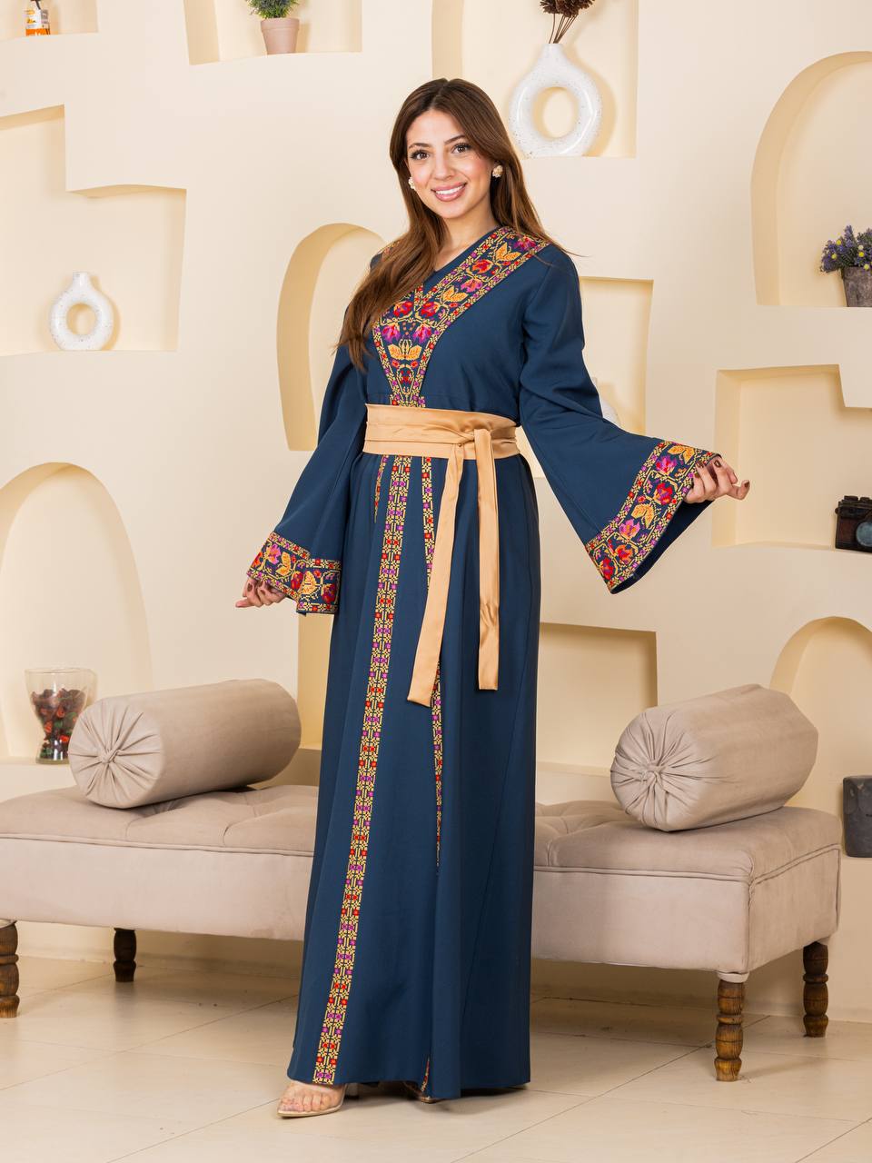 Embroidered Thobe with Satin Belt