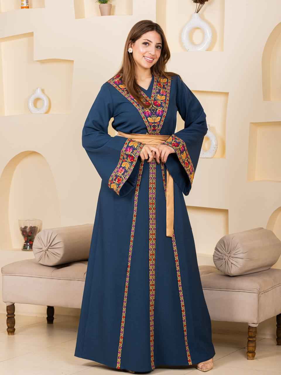 Embroidered Thobe with Satin Belt