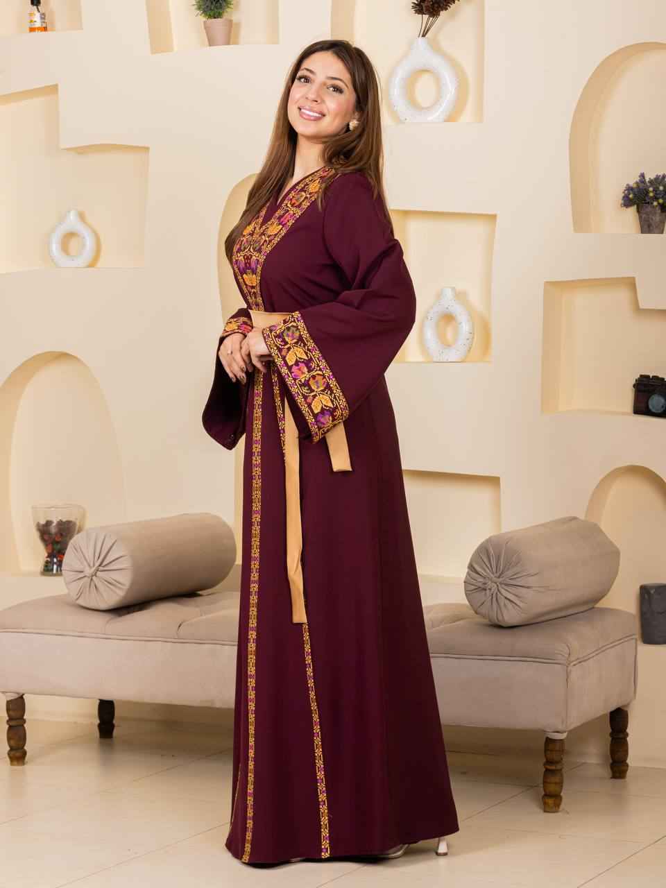 Embroidered Thobe with Satin Belt