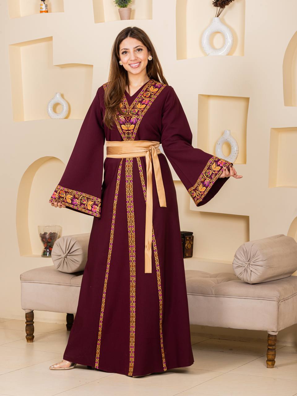 Embroidered Thobe with Satin Belt