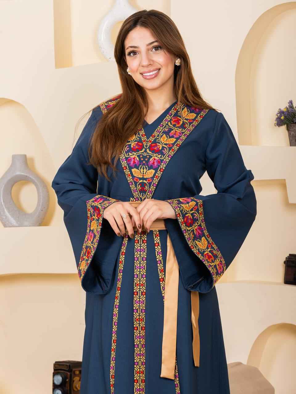 Embroidered Thobe with Satin Belt