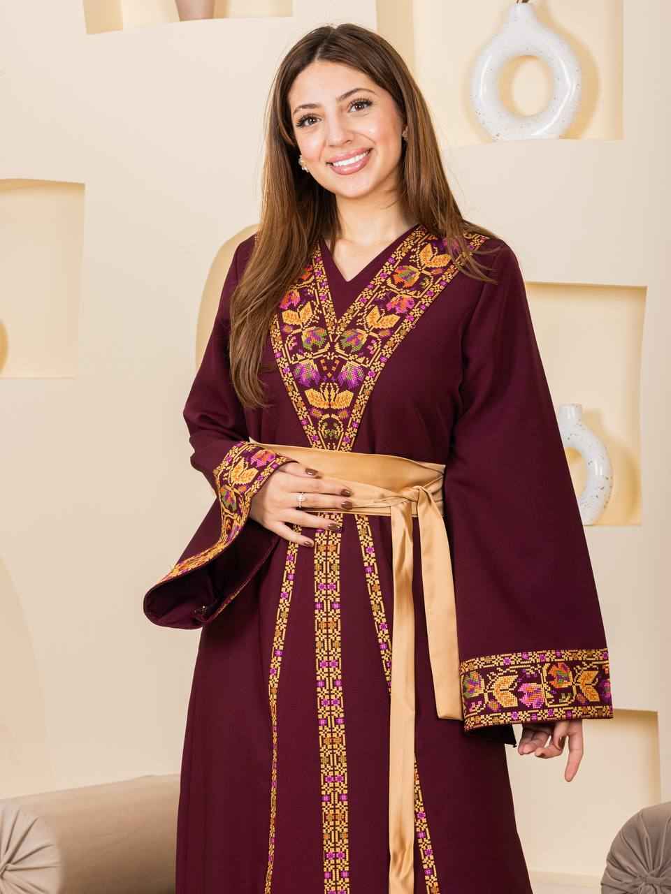 Embroidered Thobe with Satin Belt