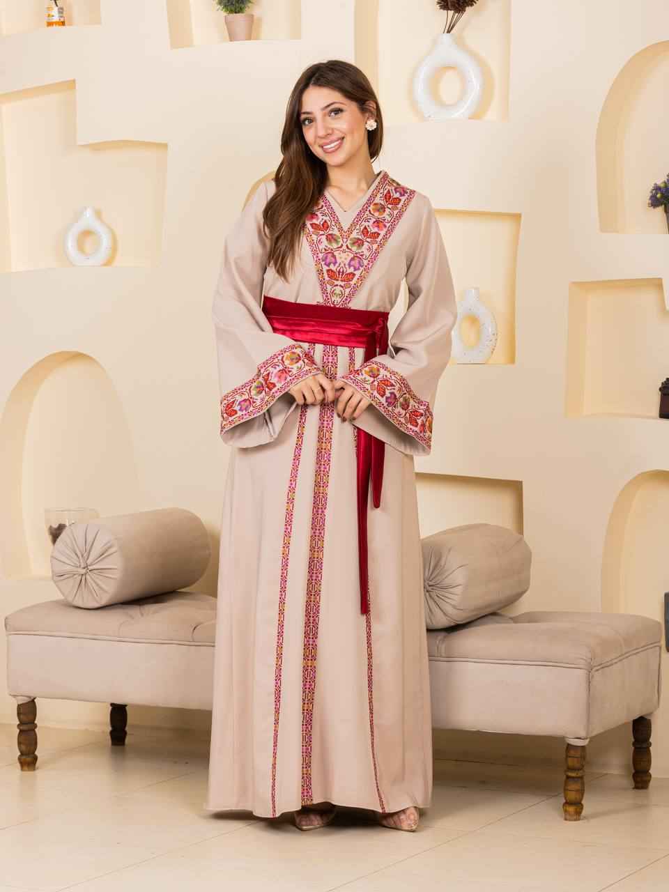 Embroidered Thobe with Satin Belt