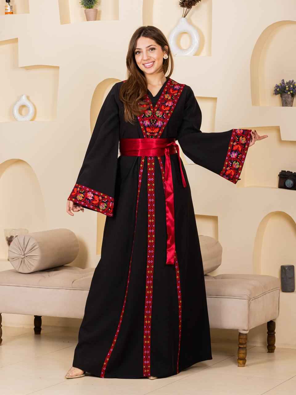 Embroidered Thobe with Satin Belt