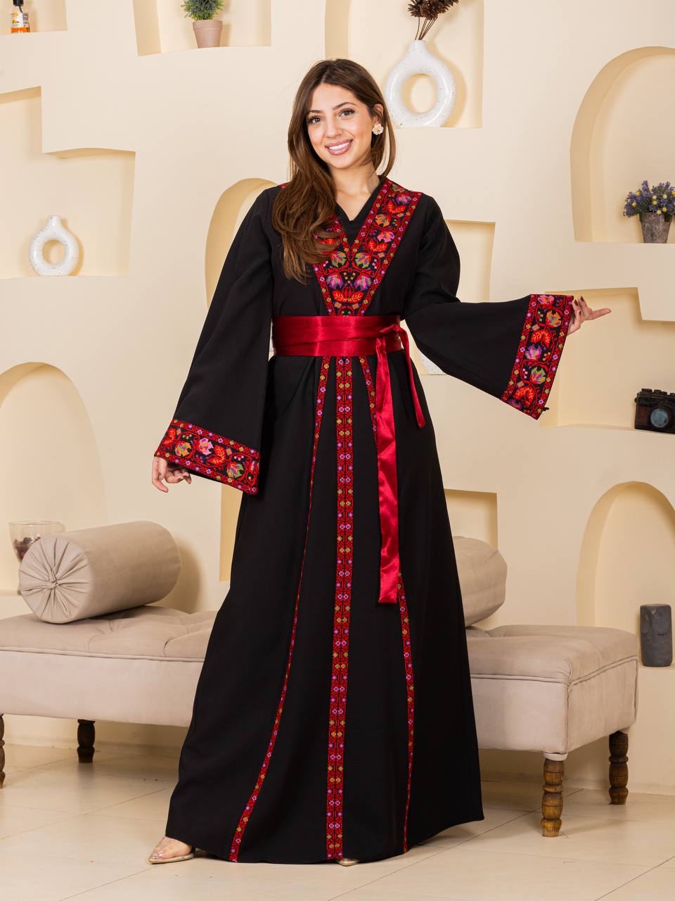 Embroidered Thobe with Satin Belt